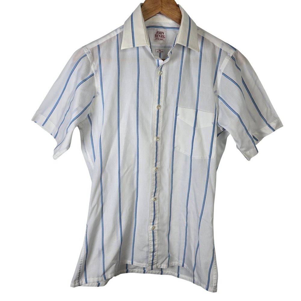 John‎ Henry Fitted Shirt Mens 14.5 Half Sleeve Striped White Blue Casual